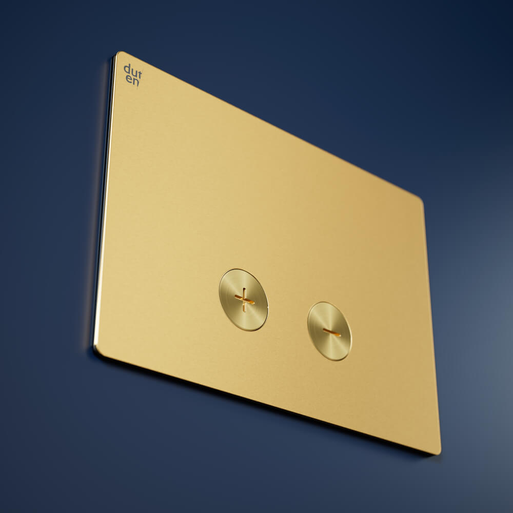Plaque de déclenchement inox 316 massif, finition PVD laiton. Compatible avec bati-supports Geberit et Siamp